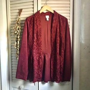 {Chico's} Cranberry Peplum Lace Overlay Jacket, L